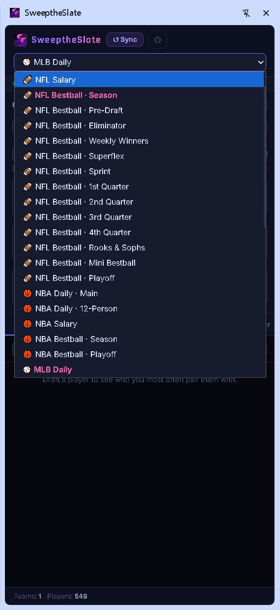 The sport selector highlighting loaded slates